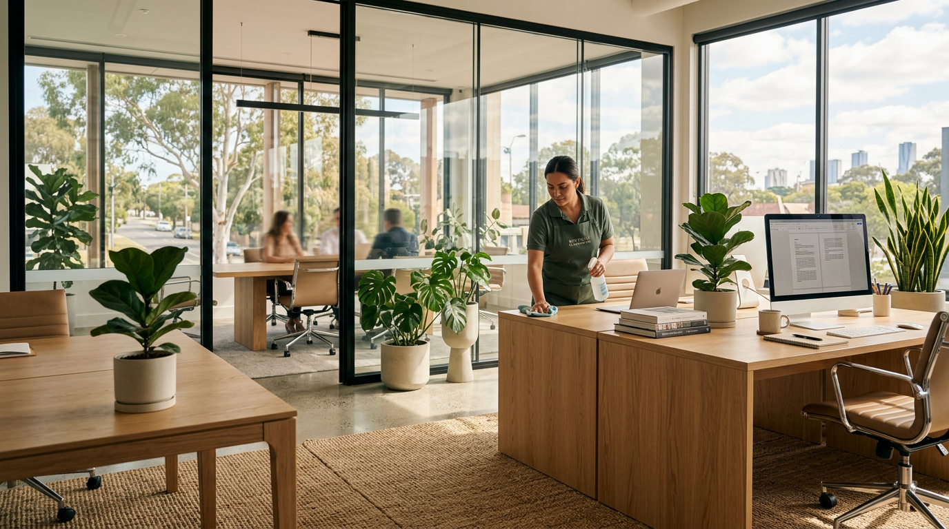 A bright office during a cleaning visit