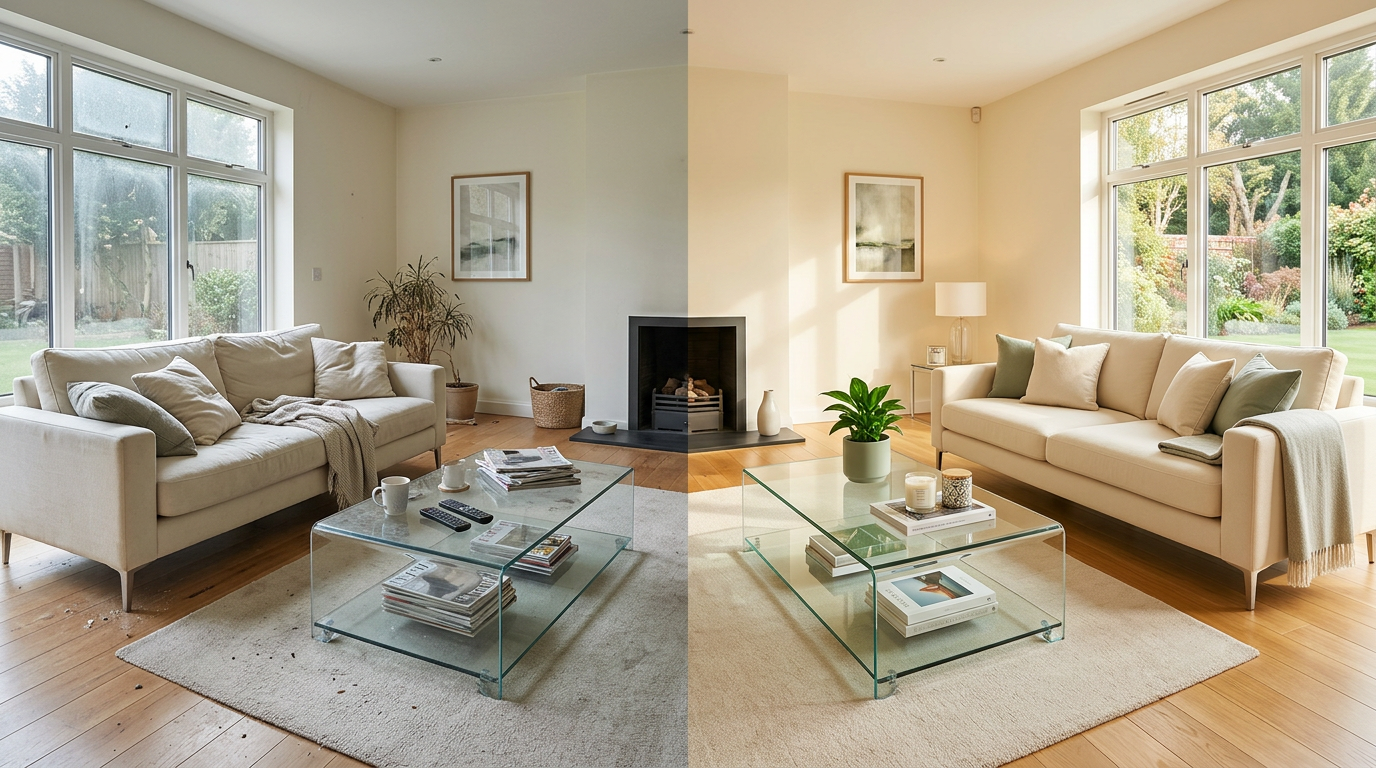 A living room before a professional clean on the left, and freshly cleaned on the right